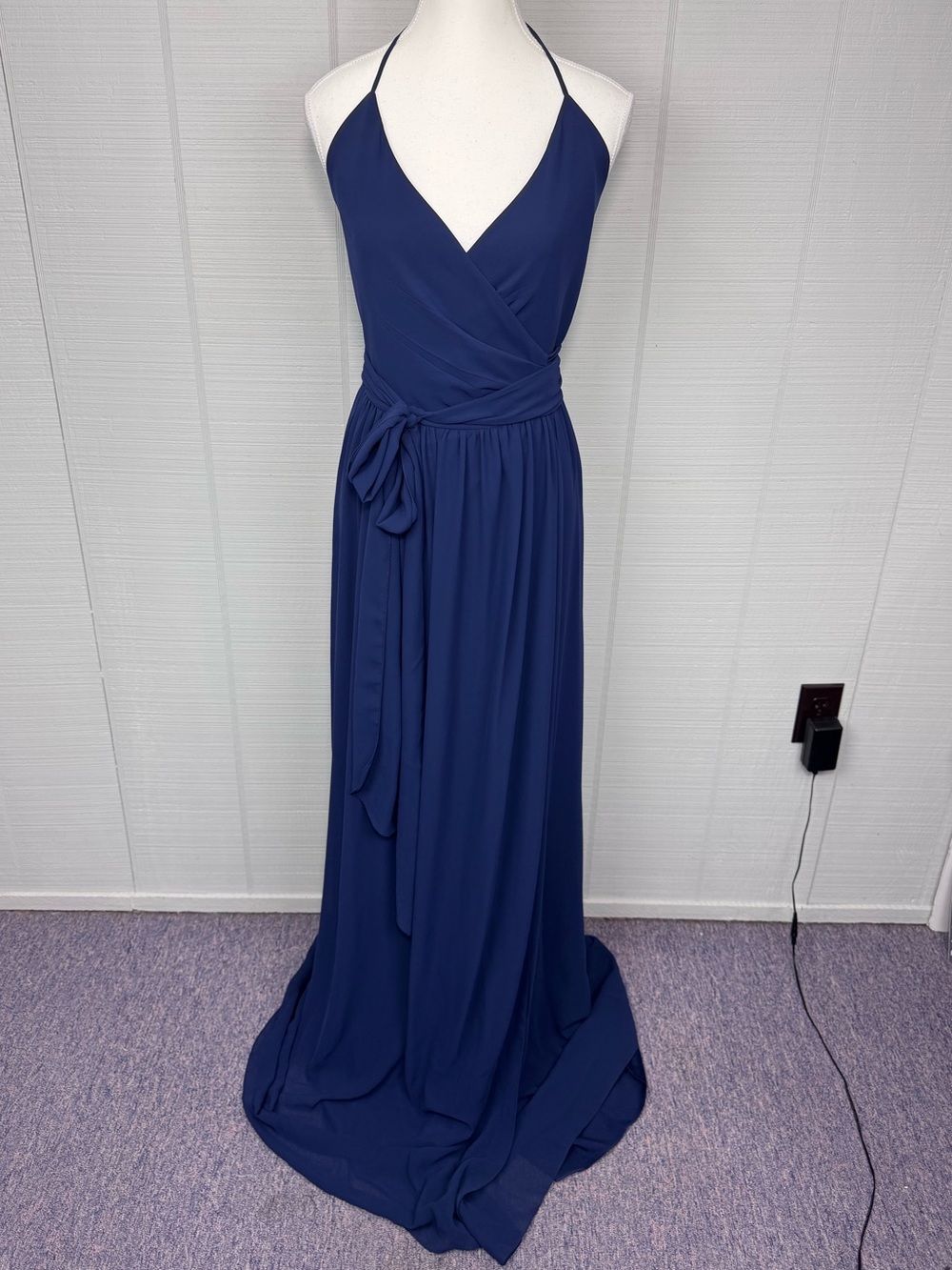 NWT Ceremony by Joanna August Navy Blue Chiffon Halter Wrap Maxi Dress V-Neck S